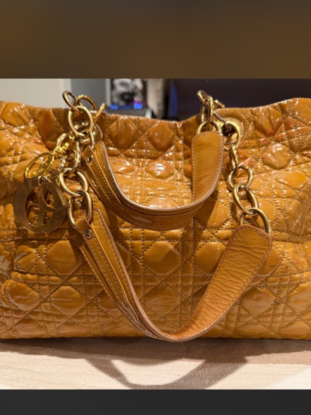 Christian Dior Lady Dior Cannage Patent Leather Tote Bag in Mustard Yellow #lux